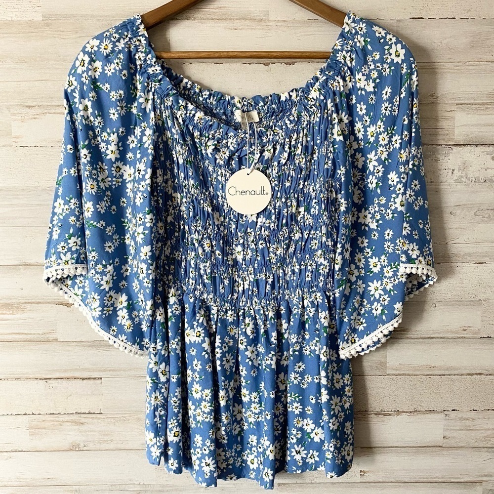 NWT Nordstrom Chenault Blue Floral Ruched Top Small